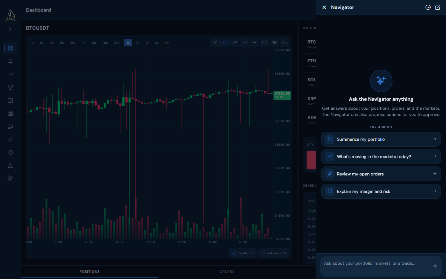 The Fora Navigator — ask about your positions, orders, and the markets